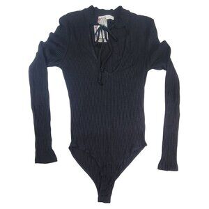 Honey Punch Bodysuit  Ribbed Black Long Sleeve V-Neck Womens Small NWT